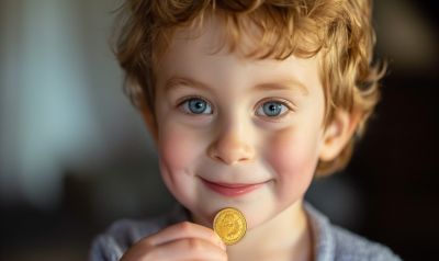 Junge mit Goldener Münze als Zahnfee geschenk Idee